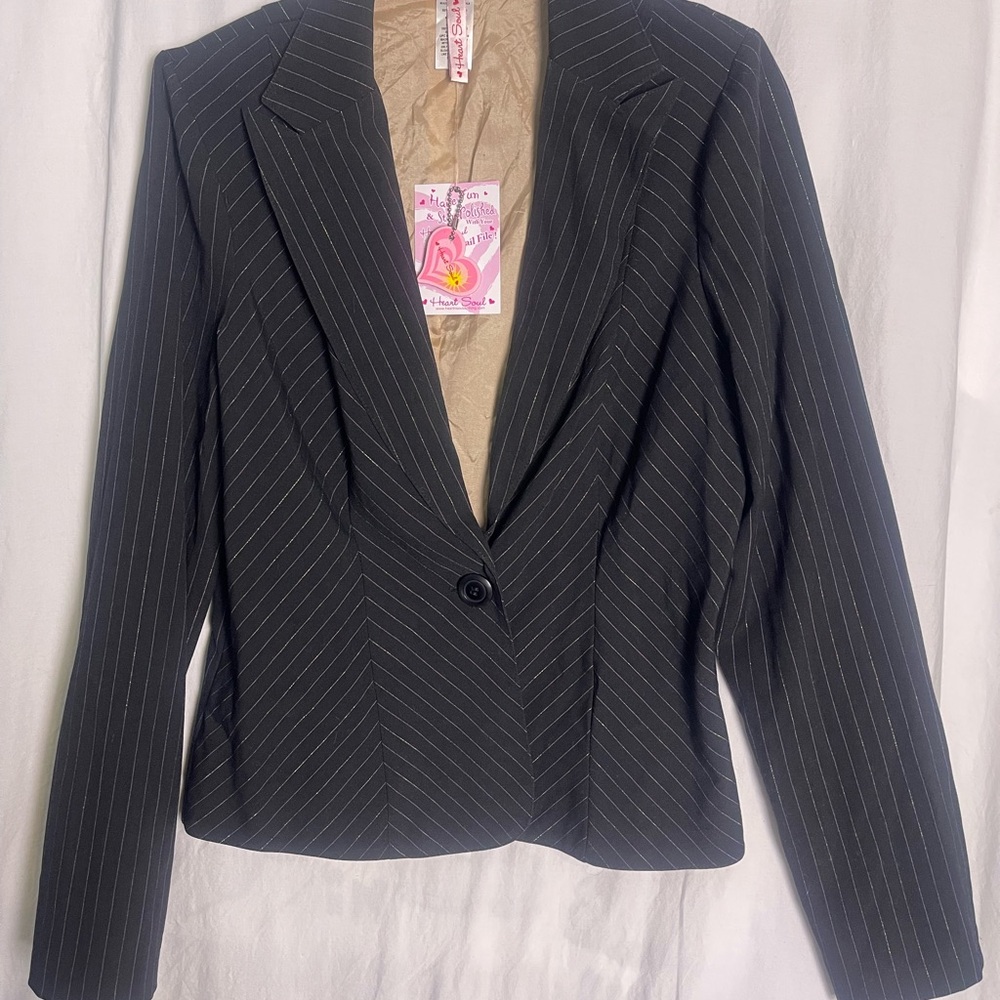 Heart Soul Black Professional Womans iridescent pinstripe Blazer Y2K Sz L NWT